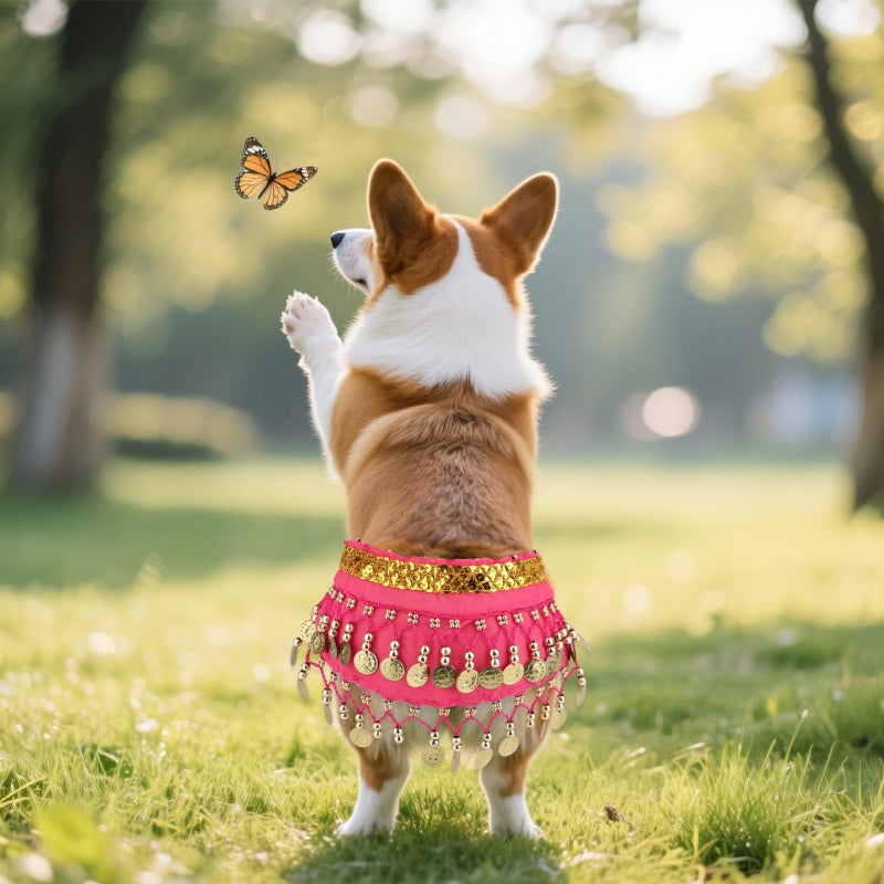 Penitue Dog Belly Dancer Skirt, Bling Belly Dance Hip Scarf for Corgis Dog Waist Wrap with Sequins Adjustable Puppy Pet Dancing Dress Costumes for Halloween Parties Celebration Performance (Pink) - Image 5