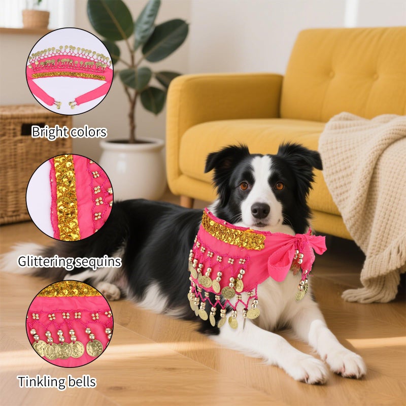 Penitue Dog Belly Dancer Skirt, Bling Belly Dance Hip Scarf for Corgis Dog Waist Wrap with Sequins Adjustable Puppy Pet Dancing Dress Costumes for Halloween Parties Celebration Performance (Pink) - Image 4