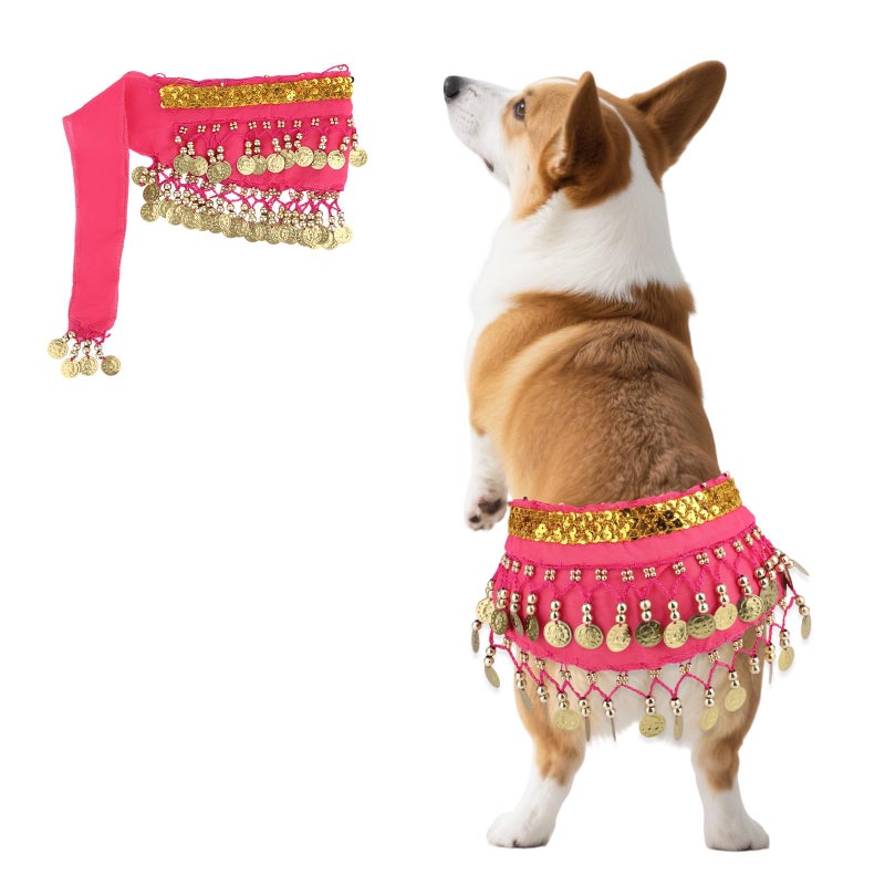 Penitue Dog Belly Dancer Skirt, Bling Belly Dance Hip Scarf for Corgis Dog Waist Wrap with Sequins Adjustable Puppy Pet Dancing Dress Costumes for Halloween Parties Celebration Performance (Pink) - Image 1