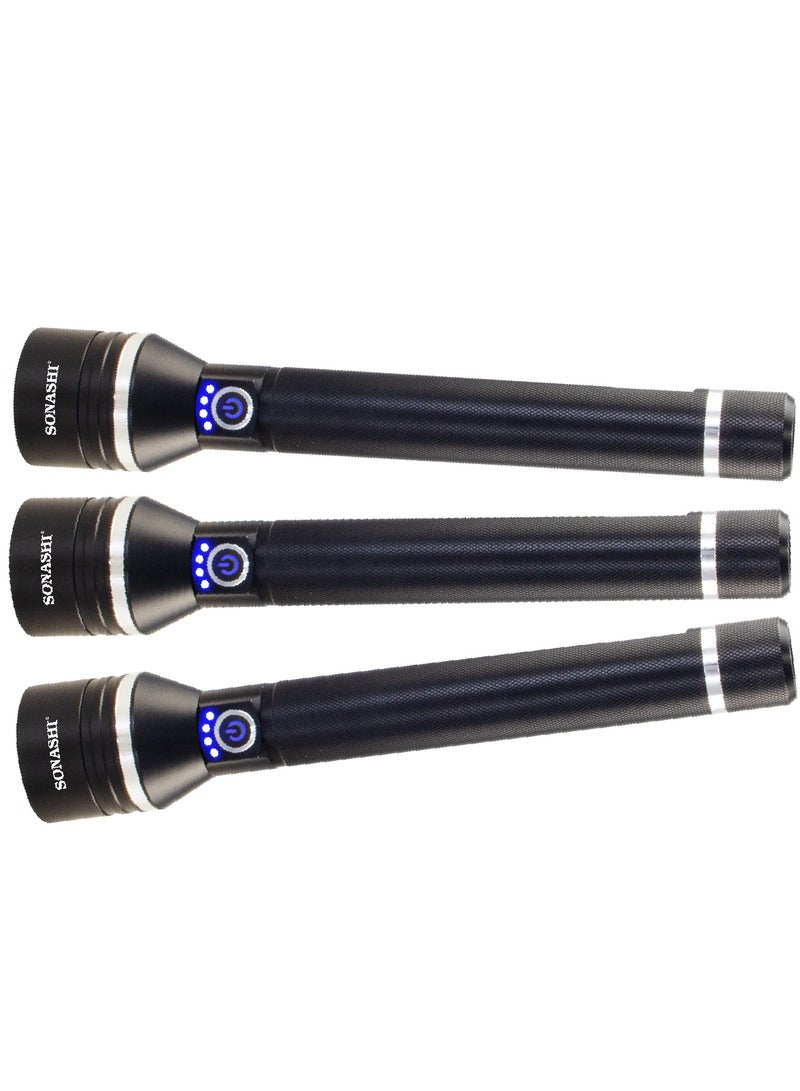 SONASHI Rechargeable LED Torch with Zoom Function | 8000mAh Battery with Type-C Charging | 1200 Meters Long Coverage | Hyper Bright 20-Watt Laser LED with 5 Hours Continuous Working | LED Flashlight for Camping & Hiking | SLT-2411Z Black (Pack of 3) - Image 1