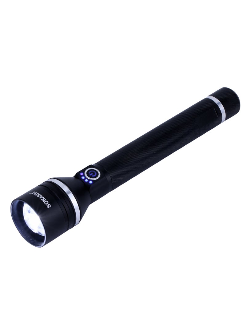 SONASHI Rechargeable LED Torch with Zoom Function | 8000mAh Battery with Type-C Charging | 1200 Meters Long Coverage | Hyper Bright 20-Watt Laser LED with 5 Hours Continuous Working | LED Flashlight for Camping & Hiking | SLT-2411Z Black (Pack of 3) - Image 4