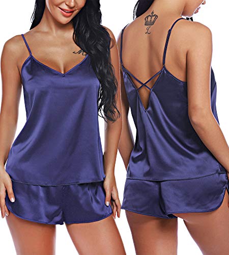 RSLOVE Women's Silk Pajamas Sexy Lingerie Satin Sleepwear Cami Shorts Set Nightwear Iris S - Image 1