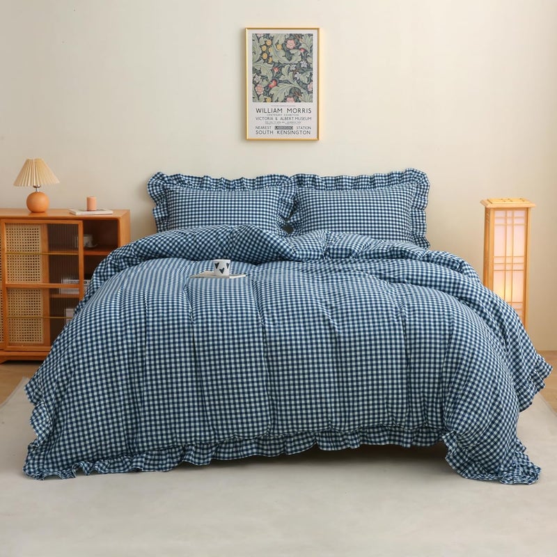 Silnuo Navy Blue/White Plaid Ruffle 3-Piece Duvet Cover Set Queen Size,Washed Cotton Shabby Gingham Checkered Bedding Set Vintage Comforter Set - Image 1