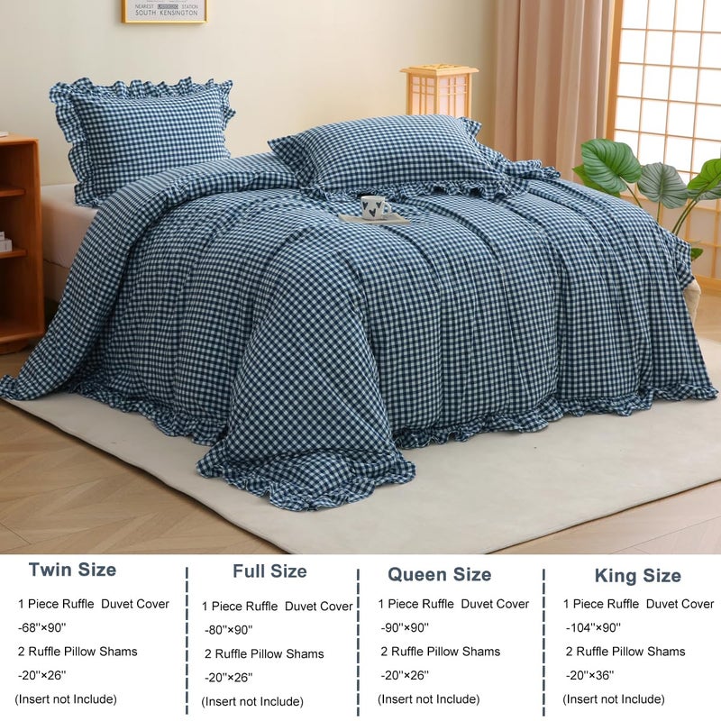 Silnuo Navy Blue/White Plaid Ruffle 3-Piece Duvet Cover Set Queen Size,Washed Cotton Shabby Gingham Checkered Bedding Set Vintage Comforter Set - Image 4