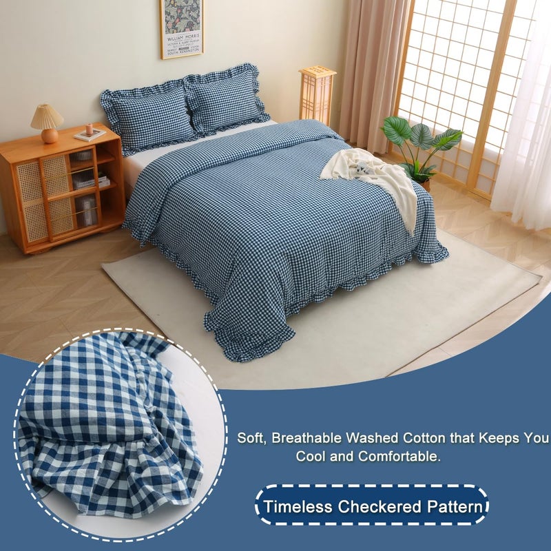 Silnuo Navy Blue/White Plaid Ruffle 3-Piece Duvet Cover Set Queen Size,Washed Cotton Shabby Gingham Checkered Bedding Set Vintage Comforter Set - Image 3
