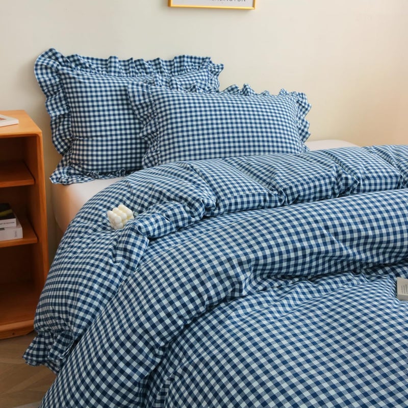 Silnuo Navy Blue/White Plaid Ruffle 3-Piece Duvet Cover Set Queen Size,Washed Cotton Shabby Gingham Checkered Bedding Set Vintage Comforter Set - Image 2