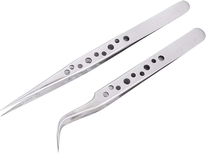 Anti Static Curved Straight Tip Precision Stainless Steel Tweezers 2 Pcs Phone Repair Tools Set - Image 1