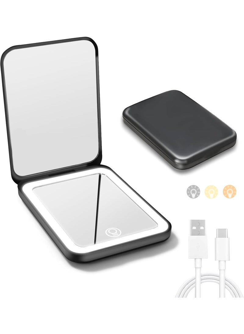 Milishow LED Compact Mirror with Light, Double Sided 1X/2X Magnification, 3 Color Dimmable Lights, USB Rechargeable, Portable Travel Makeup Mirror for Purse, for Women 