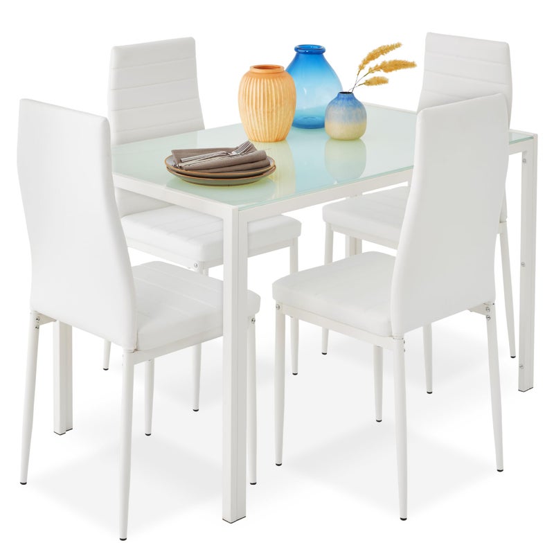 Best Choice Products 5Piece Glass Dining Set Modern Kitchen Table Furniture for Dining Room Dinette Compact SpaceSaving wGlass Tabletop 4 Upholstered PU Chairs Metal Steel Frame  White