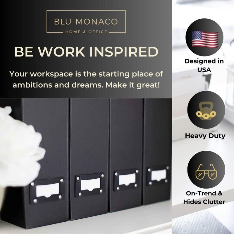Blu Monaco Foldable Black Magazine File Holder – Set of 6 | Cardboard Desk File Organizer Boxes with Leather Label Holders | Vertical Magazine Storage for Office, Classroom & Home - Image 2