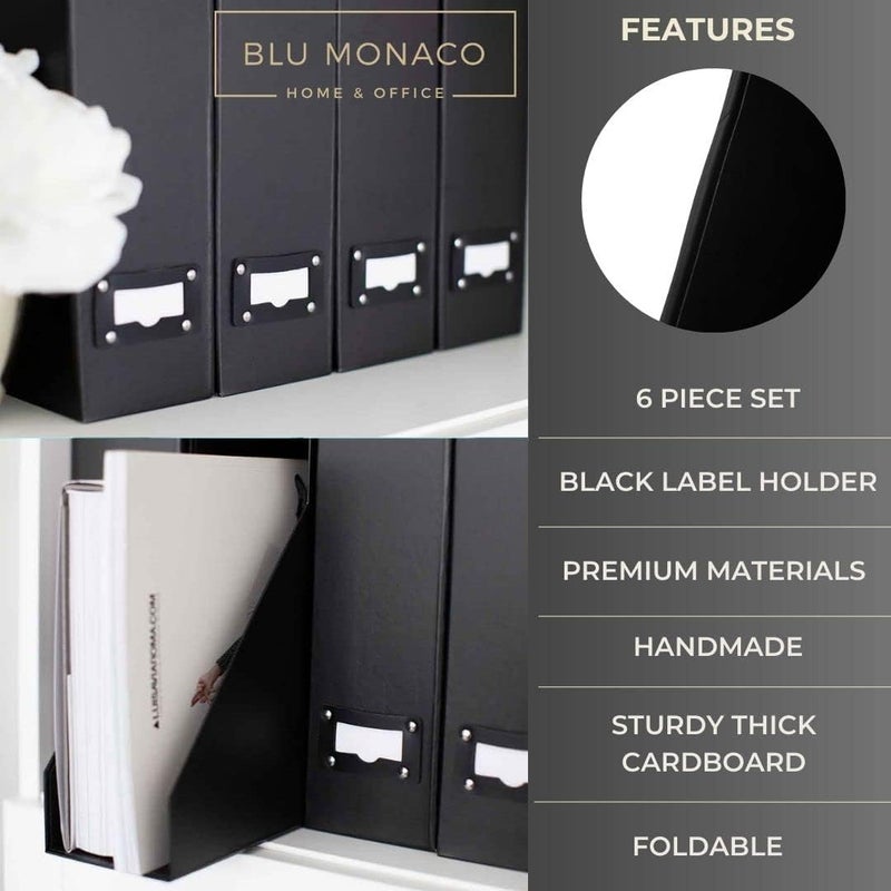 Blu Monaco Foldable Black Magazine File Holder – Set of 6 | Cardboard Desk File Organizer Boxes with Leather Label Holders | Vertical Magazine Storage for Office, Classroom & Home - Image 5
