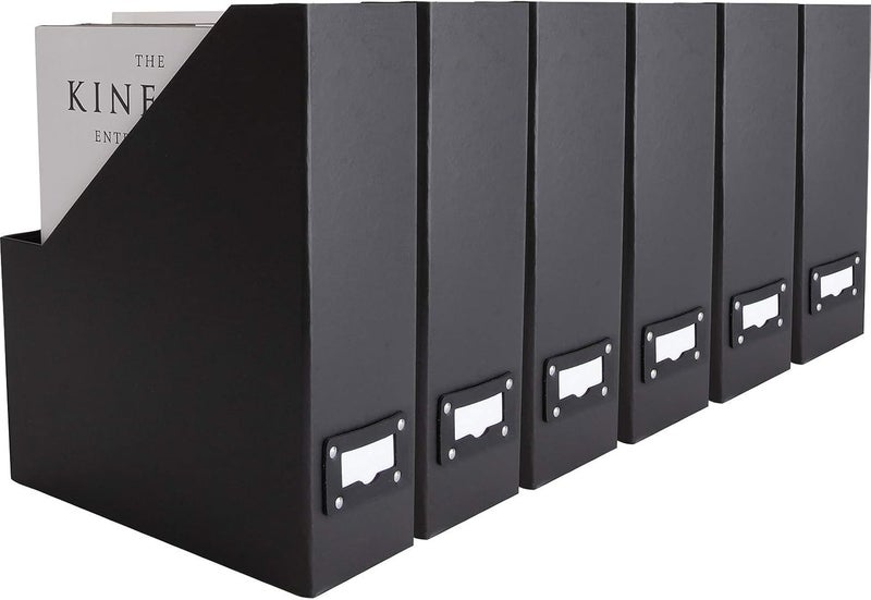 Blu Monaco Foldable Black Magazine File Holder – Set of 6 | Cardboard Desk File Organizer Boxes with Leather Label Holders | Vertical Magazine Storage for Office, Classroom & Home - Image 1