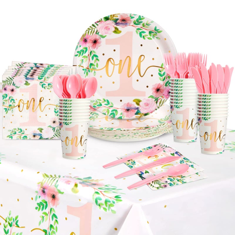 BLUE PANDA 145Piece 1st Girl Birthday Decor Set Pink Floral Tableware Tablecloth Serves 24 Baby Girl 1st Birthday Party Plates Easy Cleanup Tableware - Image 2