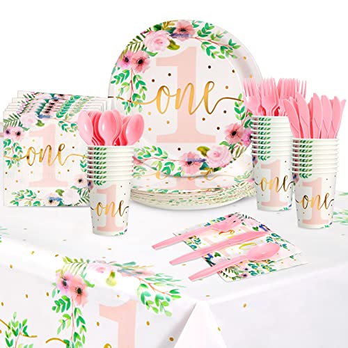 BLUE PANDA 145Piece 1st Girl Birthday Decor Set Pink Floral Tableware Tablecloth Serves 24 Baby Girl 1st Birthday Party Plates Easy Cleanup Tableware - Image 1