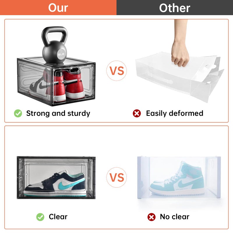 INSTY 12 Pack Gray Transparent Shoe Storage Organizer, Stackable Shoe Boxes for Closet, Drop Front Plastic Shoe Box with Grey Door, Easy to Assemble, Fit up US Size 12(13.4â€x 9.8â€x 7.1â€) - Image 4