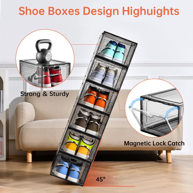 INSTY 12 Pack Gray Transparent Shoe Storage Organizer, Stackable Shoe Boxes for Closet, Drop Front Plastic Shoe Box with Grey Door, Easy to Assemble, Fit up US Size 12(13.4â€x 9.8â€x 7.1â€) - Image 3