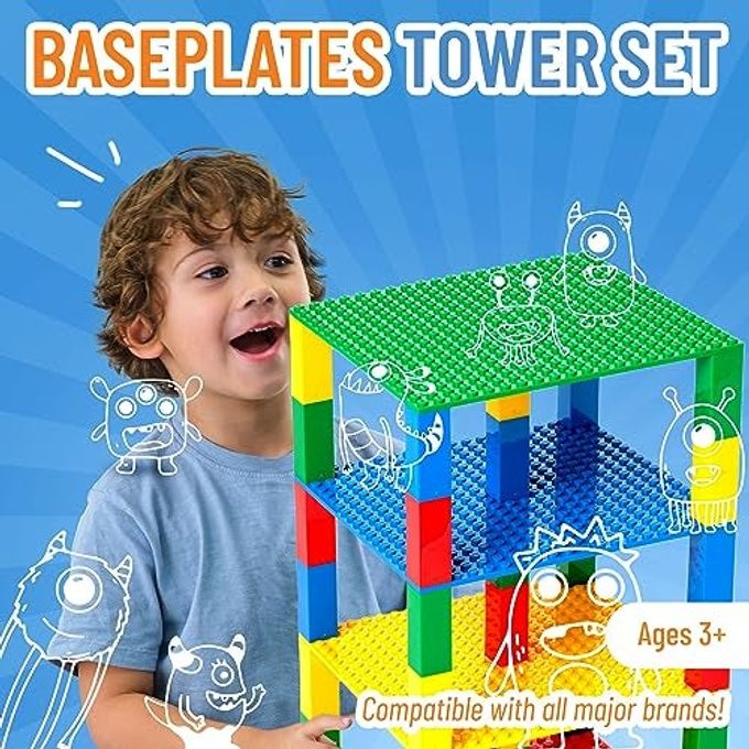 Strictly Briks Stackable Baseplates Compatible with Lego, 6 x 6 inches Stackable Baseplates for Buidling Brick Display Shelves, Expand Vertical Builds, 4 Baseplates & 30 Stakcers, Multicolor - Image 3