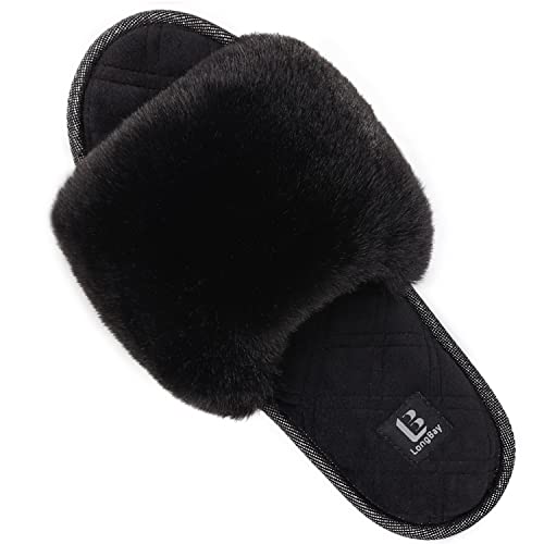 LongBay Women's Open Toe Slippers Fuzzy Fluffy Memory Foam Comfy Slip On Indoor Bedroom Home Slide (Large/ 9-10, Black) - Image 1