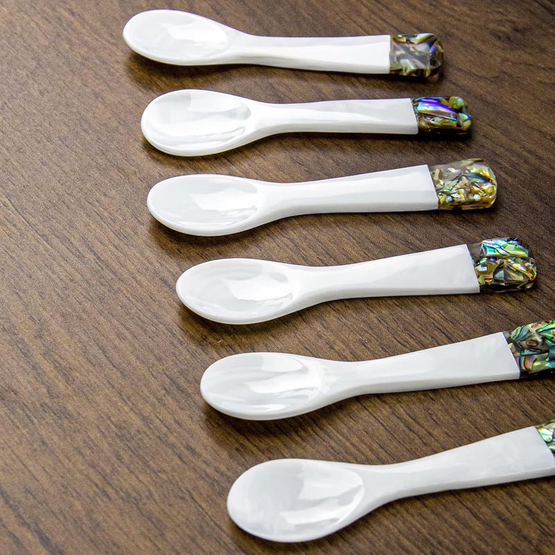 DUEBEL Set of 6 Mother of Pearl MOP Caviar Spoons with Green Abalone Decoration for Caviar, Egg, Icecream, Coffee Serving (White, 9x2.4cm) - Image 5