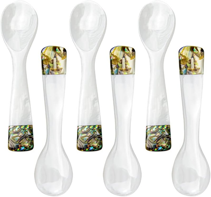 DUEBEL Set of 6 Mother of Pearl MOP Caviar Spoons with Green Abalone Decoration for Caviar, Egg, Icecream, Coffee Serving (White, 9x2.4cm) - Image 3