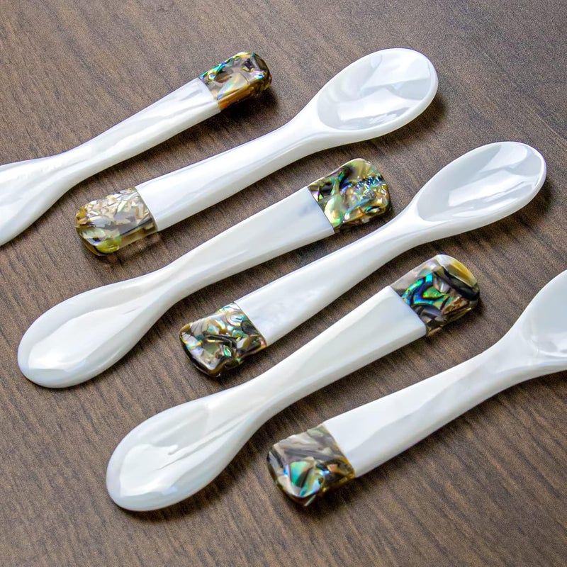 DUEBEL Set of 6 Mother of Pearl MOP Caviar Spoons with Green Abalone Decoration for Caviar, Egg, Icecream, Coffee Serving (White, 9x2.4cm) - Image 1
