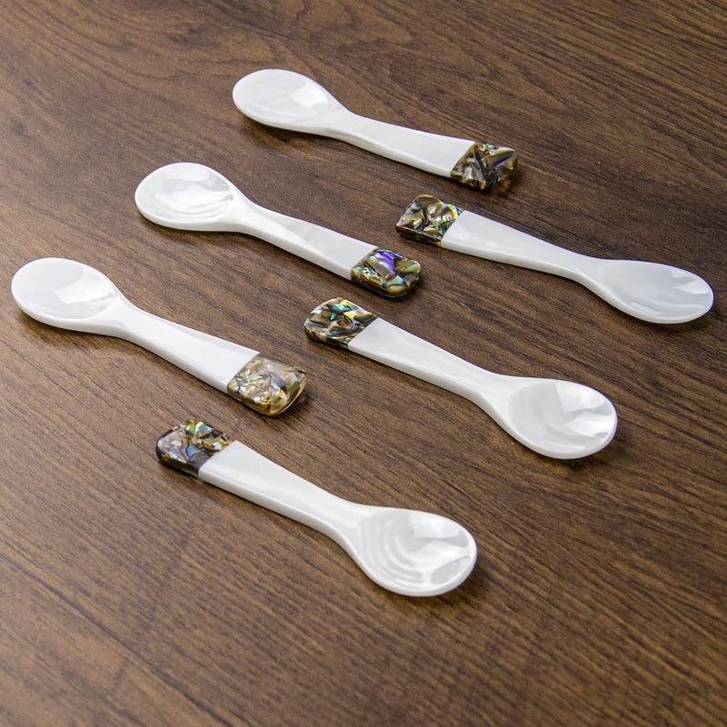 DUEBEL Set of 6 Mother of Pearl MOP Caviar Spoons with Green Abalone Decoration for Caviar, Egg, Icecream, Coffee Serving (White, 9x2.4cm) - Image 4