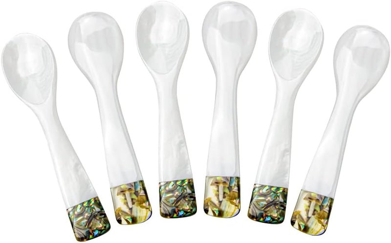 DUEBEL Set of 6 Mother of Pearl MOP Caviar Spoons with Green Abalone Decoration for Caviar, Egg, Icecream, Coffee Serving (White, 9x2.4cm) - Image 2