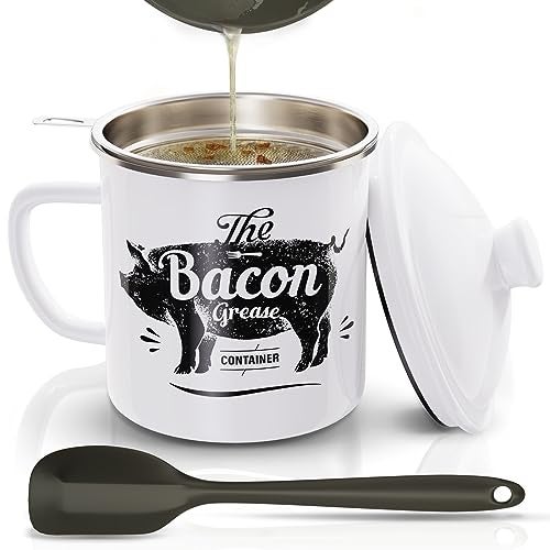 PGYARD Bacon Grease Container With Strainer, 46OZ Large Enamel Grease Container, With Silicone Spatula, Farmhouse Bacon Grease Keeper, Cooking Oil Container For Kitchen Fat Storage, Dishwasher Safe-White - Image 1