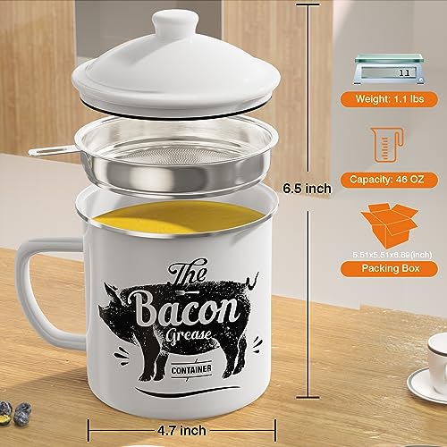 PGYARD Bacon Grease Container With Strainer, 46OZ Large Enamel Grease Container, With Silicone Spatula, Farmhouse Bacon Grease Keeper, Cooking Oil Container For Kitchen Fat Storage, Dishwasher Safe-White - Image 2