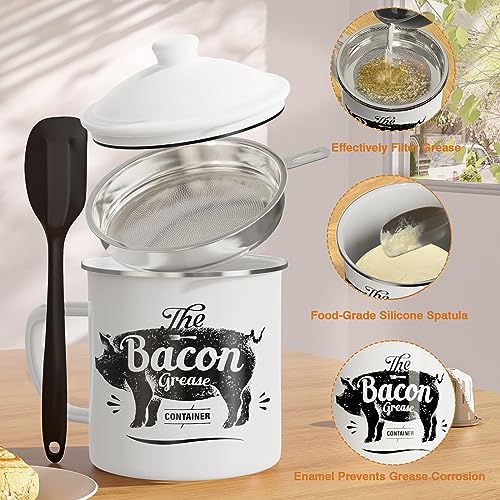 PGYARD Bacon Grease Container With Strainer, 46OZ Large Enamel Grease Container, With Silicone Spatula, Farmhouse Bacon Grease Keeper, Cooking Oil Container For Kitchen Fat Storage, Dishwasher Safe-White - Image 5