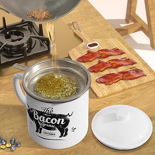 PGYARD Bacon Grease Container With Strainer, 46OZ Large Enamel Grease Container, With Silicone Spatula, Farmhouse Bacon Grease Keeper, Cooking Oil Container For Kitchen Fat Storage, Dishwasher Safe-White - Image 4