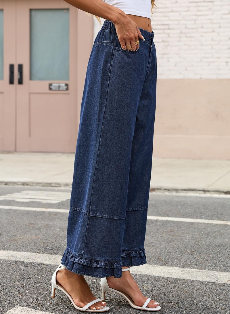 EVALESS Womens Wide Leg Jeans 2026 Trendy Mid-Rise Cropped Baggy Jeans Loose Fit Cute Ruffle Hem Trouser Denim Pants with Pockets Sail Blue Size 4 - Image 4