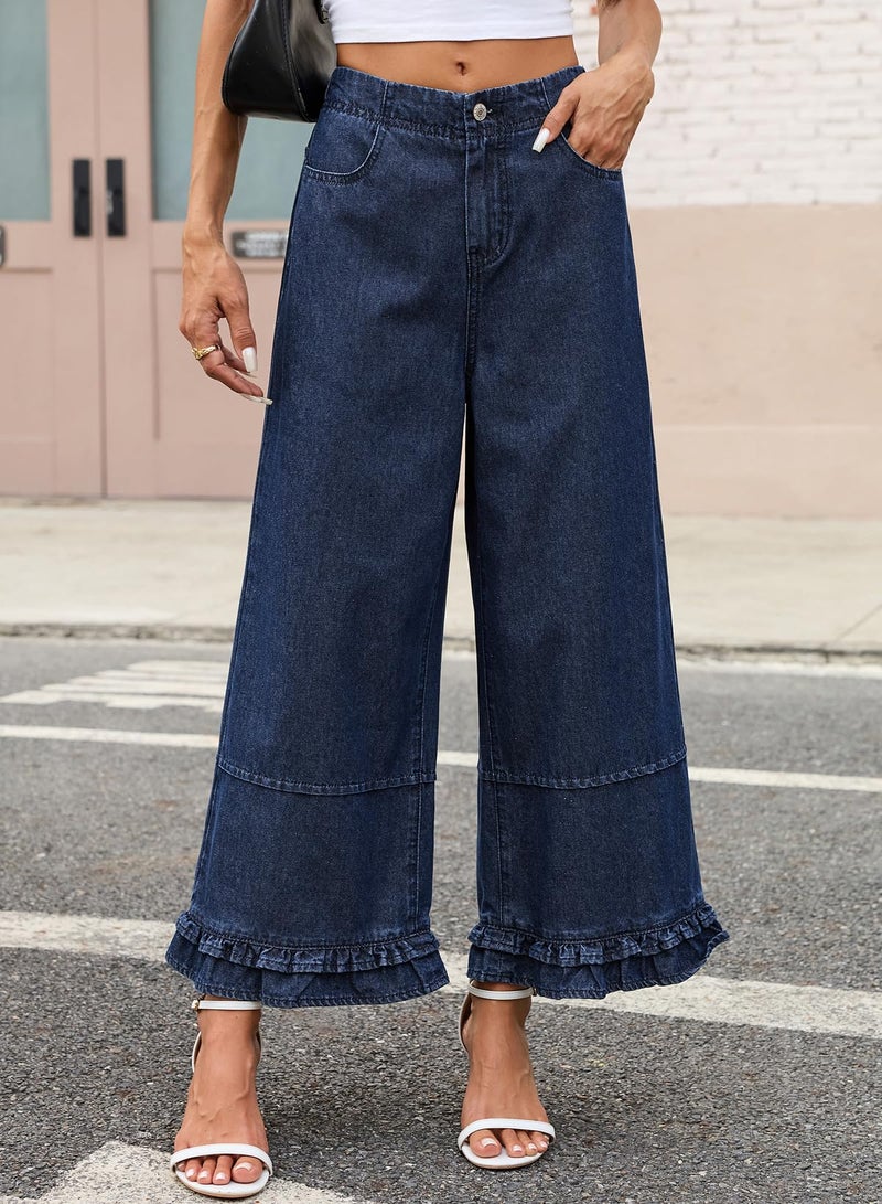 EVALESS Womens Wide Leg Jeans 2026 Trendy Mid-Rise Cropped Baggy Jeans Loose Fit Cute Ruffle Hem Trouser Denim Pants with Pockets Sail Blue Size 4 - Image 2