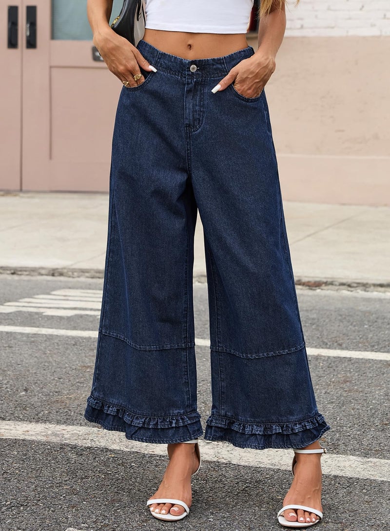 EVALESS Womens Wide Leg Jeans 2026 Trendy Mid-Rise Cropped Baggy Jeans Loose Fit Cute Ruffle Hem Trouser Denim Pants with Pockets Sail Blue Size 4 - Image 5