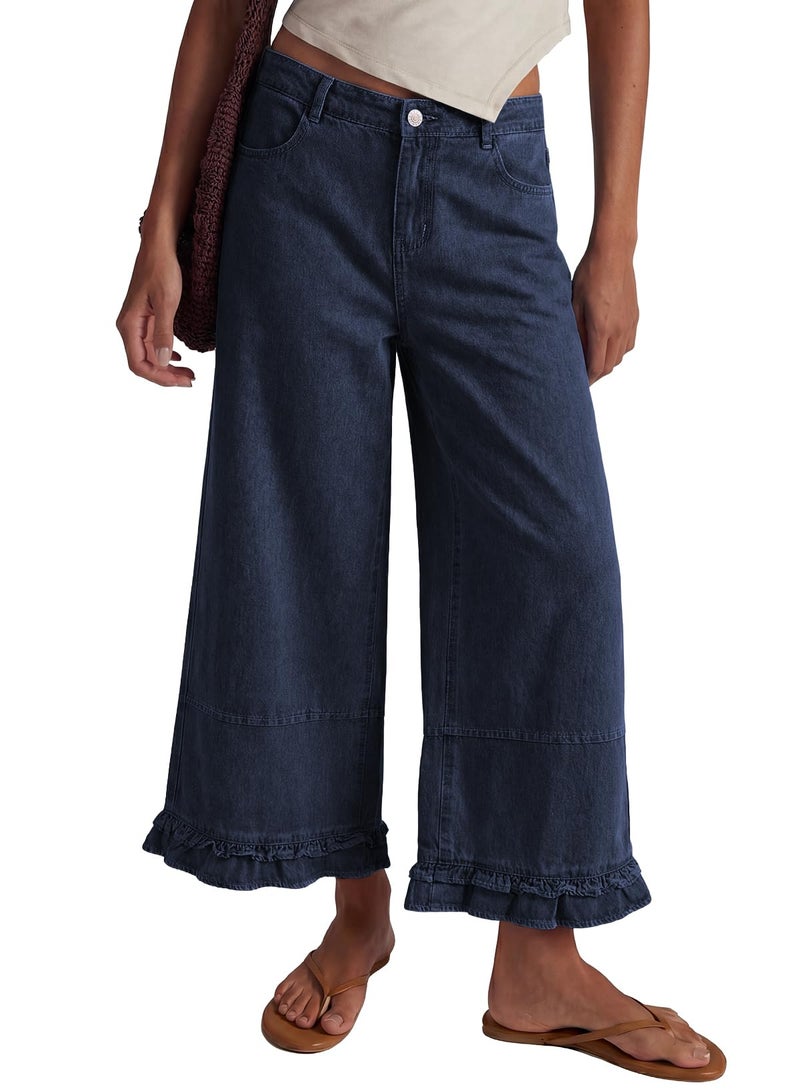 EVALESS Womens Wide Leg Jeans 2026 Trendy Mid-Rise Cropped Baggy Jeans Loose Fit Cute Ruffle Hem Trouser Denim Pants with Pockets Sail Blue Size 4 - Image 1