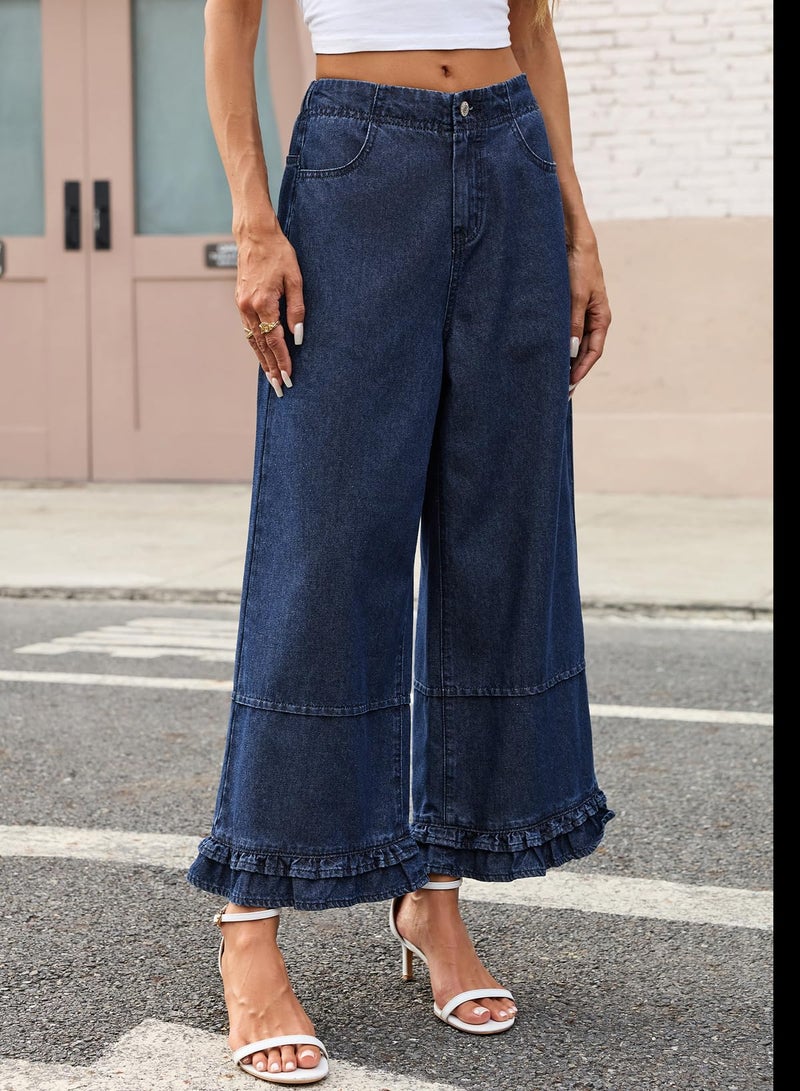 EVALESS Womens Wide Leg Jeans 2026 Trendy Mid-Rise Cropped Baggy Jeans Loose Fit Cute Ruffle Hem Trouser Denim Pants with Pockets Sail Blue Size 4 - Image 3
