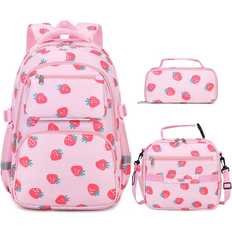 DIGOBAY Kids Backpack for Girls 3PCS Toddler Girls Backpack Set with Lunch Box Pencil Case School Bag Cute Bookbag for Preschool Kindergarten Elementary Student Ages 312 Pink Strawberry - Image 2
