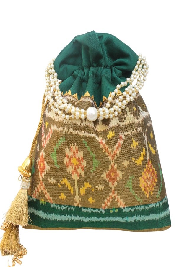 MILAN'S CREATION Pure Patola Silk Potli Bag Single Ikkat/Rajkoti Purse Beautiful Pearl Handle Tassels Women’s Handbag Royal Wedding Festival (Green- Tissue) - Image 1