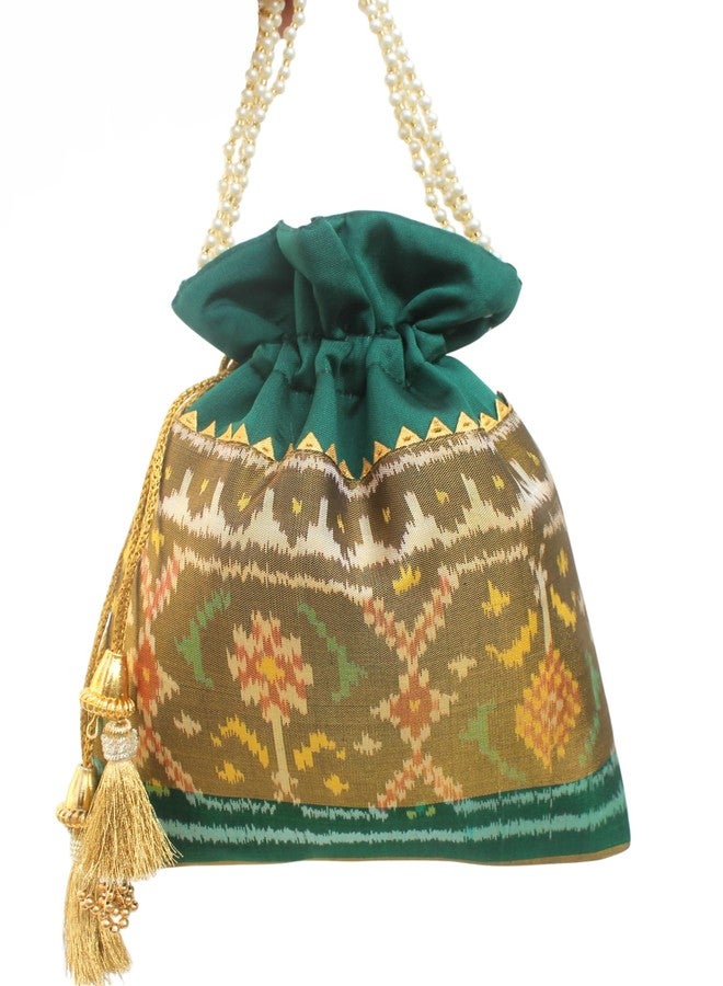 MILAN'S CREATION Pure Patola Silk Potli Bag Single Ikkat/Rajkoti Purse Beautiful Pearl Handle Tassels Women’s Handbag Royal Wedding Festival (Green- Tissue) - Image 2