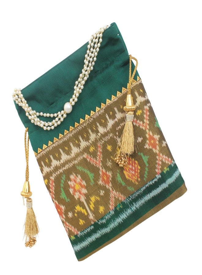 MILAN'S CREATION Pure Patola Silk Potli Bag Single Ikkat/Rajkoti Purse Beautiful Pearl Handle Tassels Women’s Handbag Royal Wedding Festival (Green- Tissue) - Image 5