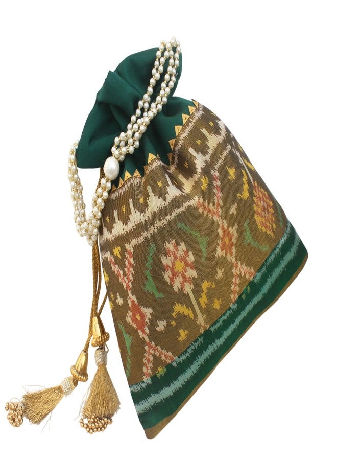 MILAN'S CREATION Pure Patola Silk Potli Bag Single Ikkat/Rajkoti Purse Beautiful Pearl Handle Tassels Women’s Handbag Royal Wedding Festival (Green- Tissue) - Image 4
