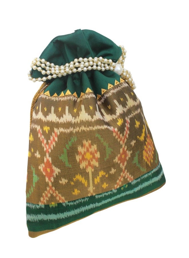MILAN'S CREATION Pure Patola Silk Potli Bag Single Ikkat/Rajkoti Purse Beautiful Pearl Handle Tassels Women’s Handbag Royal Wedding Festival (Green- Tissue) - Image 3