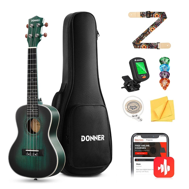 Donner Concert Ukulele Professional 23 Inch Mahogany Ukelele for Adult Beginner Ukele Bundle with Online Lesson Gig Bag Aquila String Pick Tuner Strap Cloth DUC-200B Drak Green - Image 1