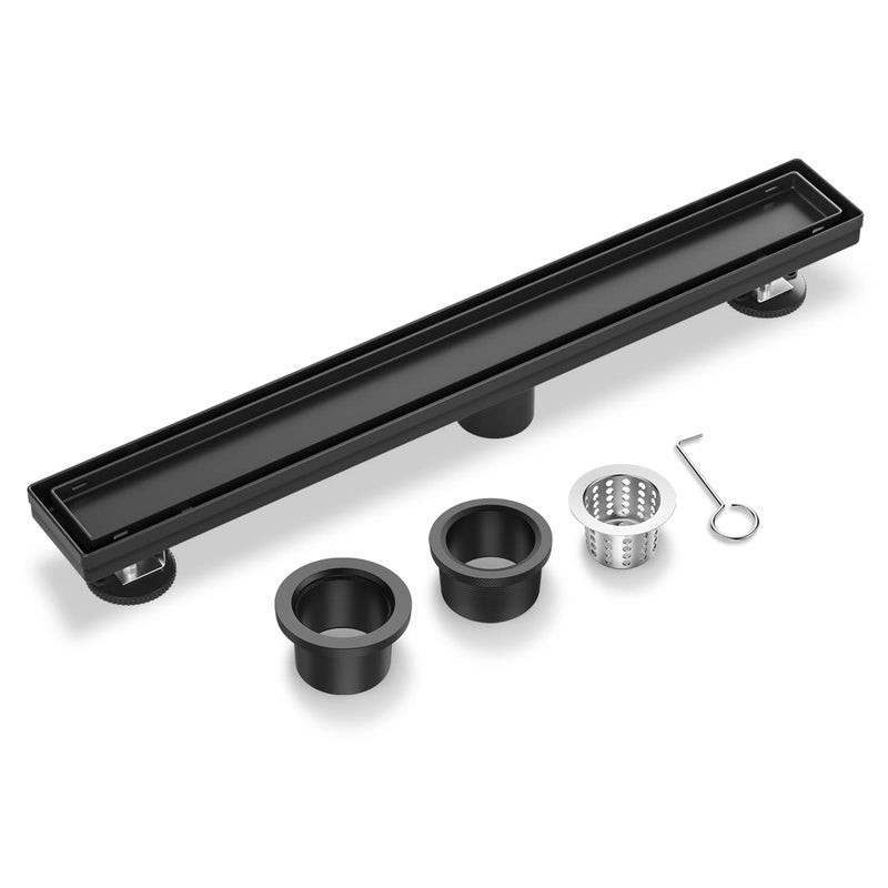 EXF Linear Shower Drain 12 Inch Matte Black with Reversible Flat Tile Insert Cover Stainless Steel Rectangle Shower Floor Drain with Hair Catcher Adjustable Feet