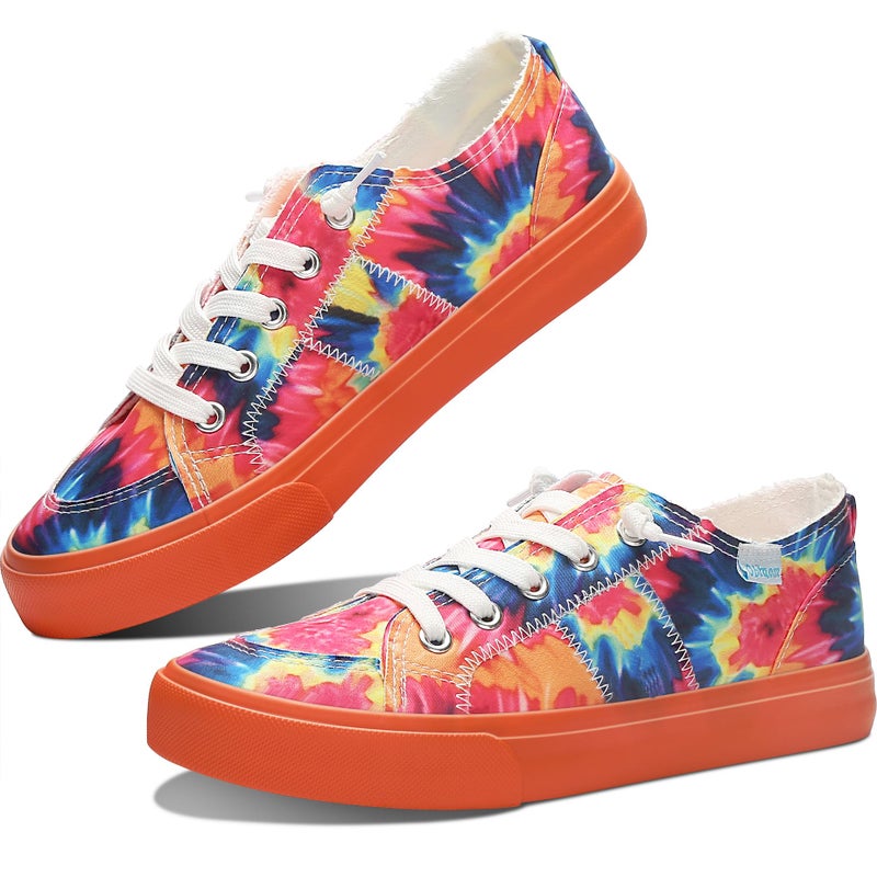 Obtaom Women Rainbow Canvas Fashion Sneakers Comfortable Orange Multi Walking Shoes Tie Dye Green Canvas Slip ons(Orange US9) - Image 1