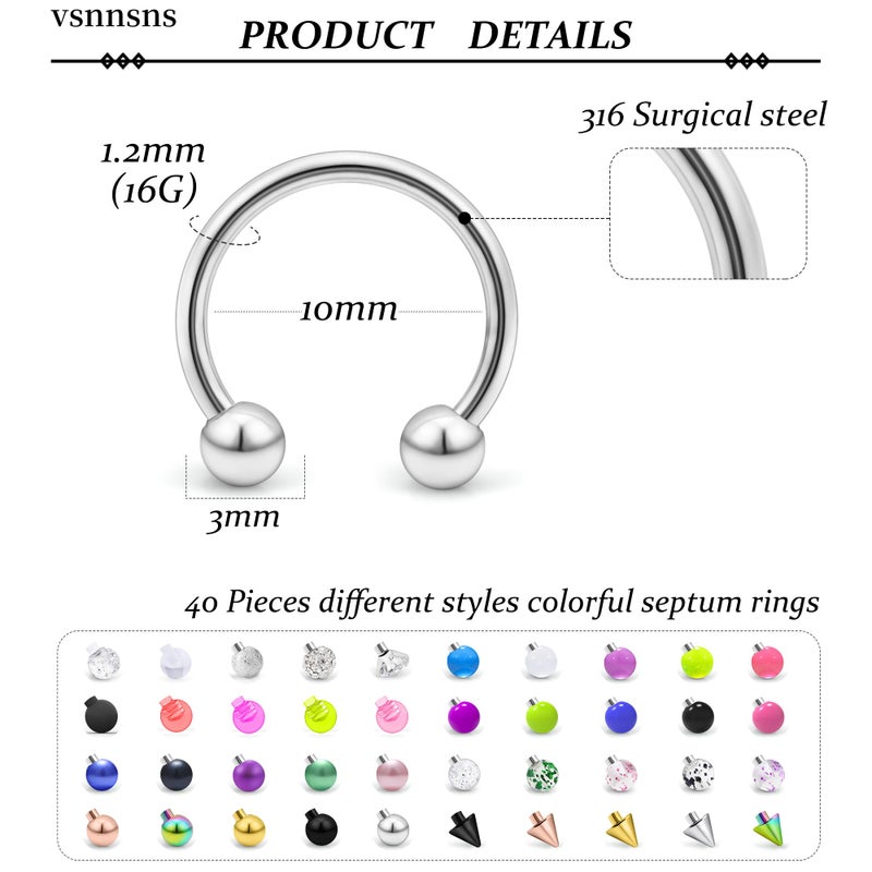 Vsnnsns 16G Septum Rings Piercing Jewelry 316L Stainless Surgical Steel Horseshoe Septum Nose Rings Snake Bite Lip Ring Daith Rook Earrings Smiley Piercing Jewelry for Women Men 10MM 16 Gauge Silver - Image 2