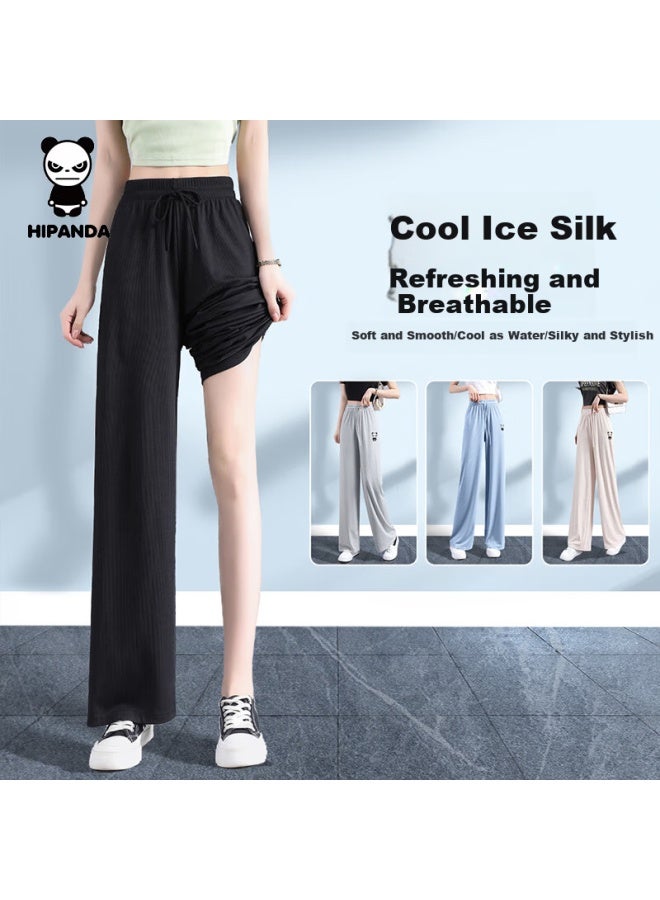 Hipanda Women's Panda Casual Ice Silk Wide Leg Thin Comfortable Loose-fit Sports Pants Black XL - Image 1