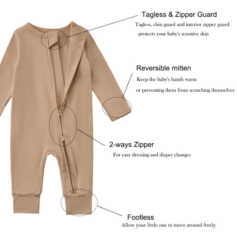 Aablexema 3-Pack Organic Cotton Baby Footless Pajamas with Mitten Cuffs, 2-Way Zipper Infant Romper Outfit(Camel/Coffee/Green,Newborn) - Image 4