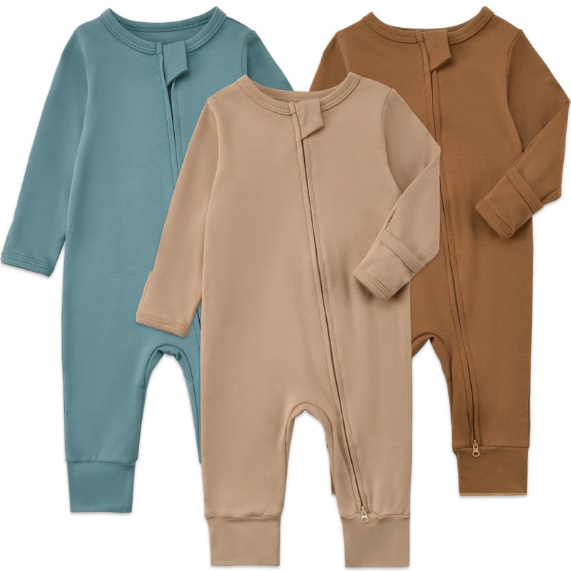 Aablexema 3-Pack Organic Cotton Baby Footless Pajamas with Mitten Cuffs, 2-Way Zipper Infant Romper Outfit(Camel/Coffee/Green,Newborn) - Image 1