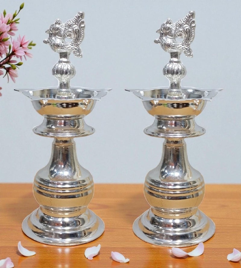 Sigaram German Silver 8x3.5 InchPeacock Handle Diya for Home & Temple Pooja Decore K3135 - Image 3